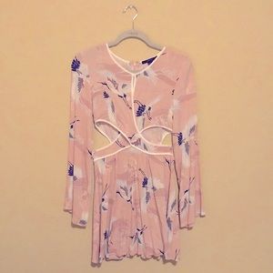 Cutout Crane Print Mini Dress with Keyhole detail and Bell Sleeves